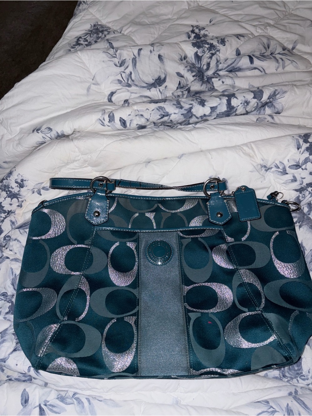 Coach Teal Signature Jacquard Shoulder Tote